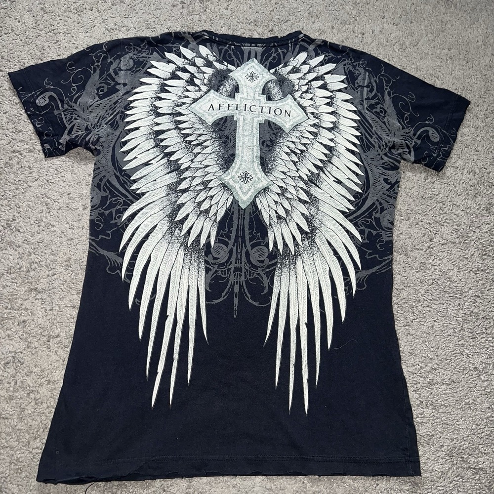 Women's Affliction Nathalia Black Angel Wings Graphic Stones T-Shirt Top M